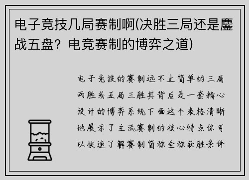 电子竞技几局赛制啊(决胜三局还是鏖战五盘？电竞赛制的博弈之道)